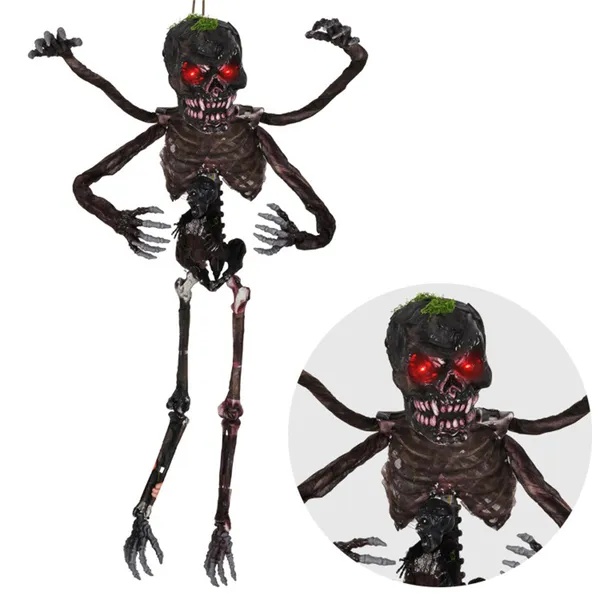 6ft Sound-Activated Halloween Skeleton - Flashing Red Eyes, Spooky Sounds, 4 Poseable Arms + Extra Skull, Hanging Rope - Image 2