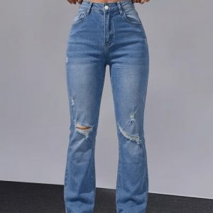 Women Distressed Cuffed Straight Leg Cropped Denim Jeans Stretch Slim Pants For Daily Street Casual Outfits