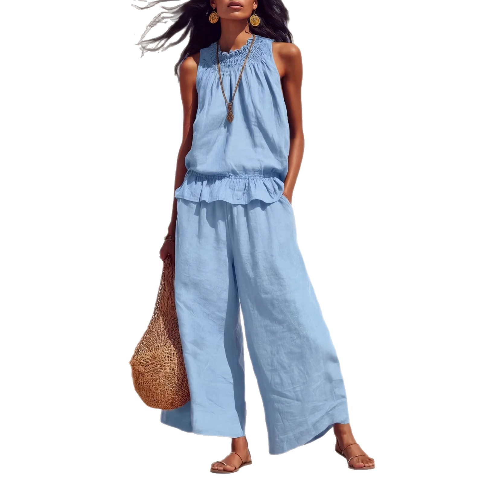 Summer Sleeveless Suit Fashion Ruffled Vest Top And Straight-leg Pants Women's Two-Piece Set - Image 10