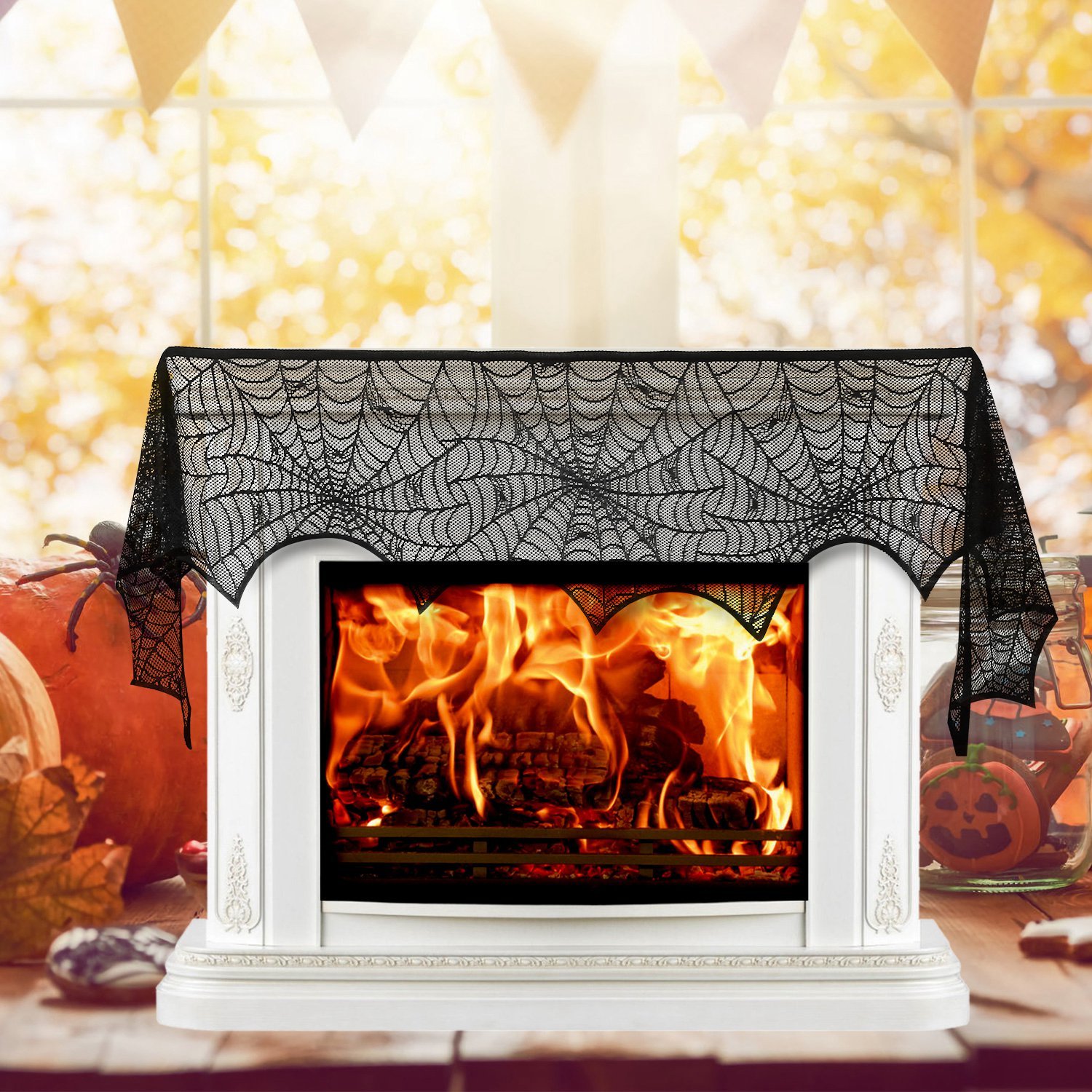 Halloween Decoration Black Lace Spiderweb Fireplace Mantle Scarf Cover Festive Party Supplies Fireplace Scarf 96 X 18 Inch For Halloween Christmas Party Door Window Decoration - Image 2