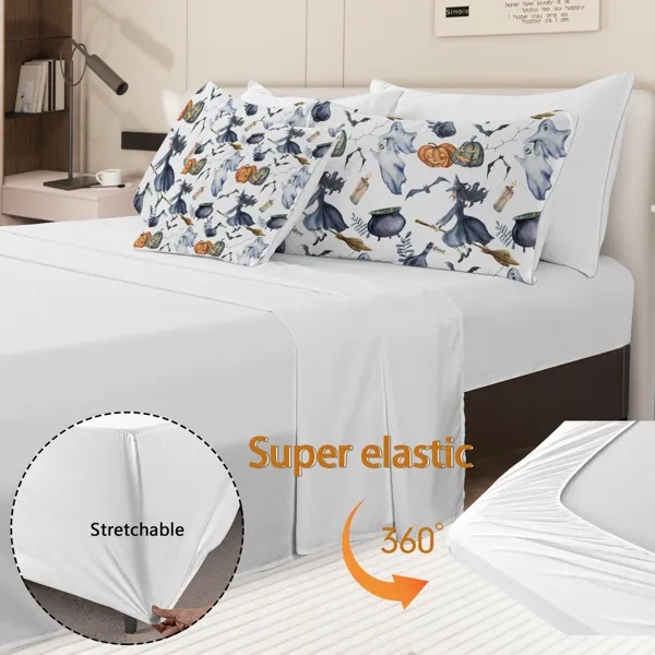 8 Pieces Halloween Comforter Set, Witch Pattern Bed In A Bag Bedding With Comforter Sheet Sham - 1 Comforter, 2 Pillow Shams, 1 Flat Sheet, 1 Fitted Sheet, 1 Cushion Cover, 2 Pillowcases Queen Size - Image 4