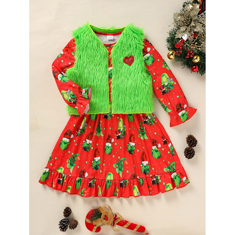 Toddler Kids Baby Girl Christmas Dress Outifts, Long Sleeves Cartoon Prints Party Dress With Heart Print Vest Coat Xmas Clothes Set - Image 9