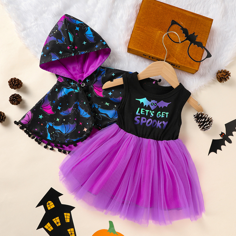 Little Girls 2Pcs Halloween Outfits Sleeveless Tulle Dress With Hooded Cloak Set Clothes - Image 5