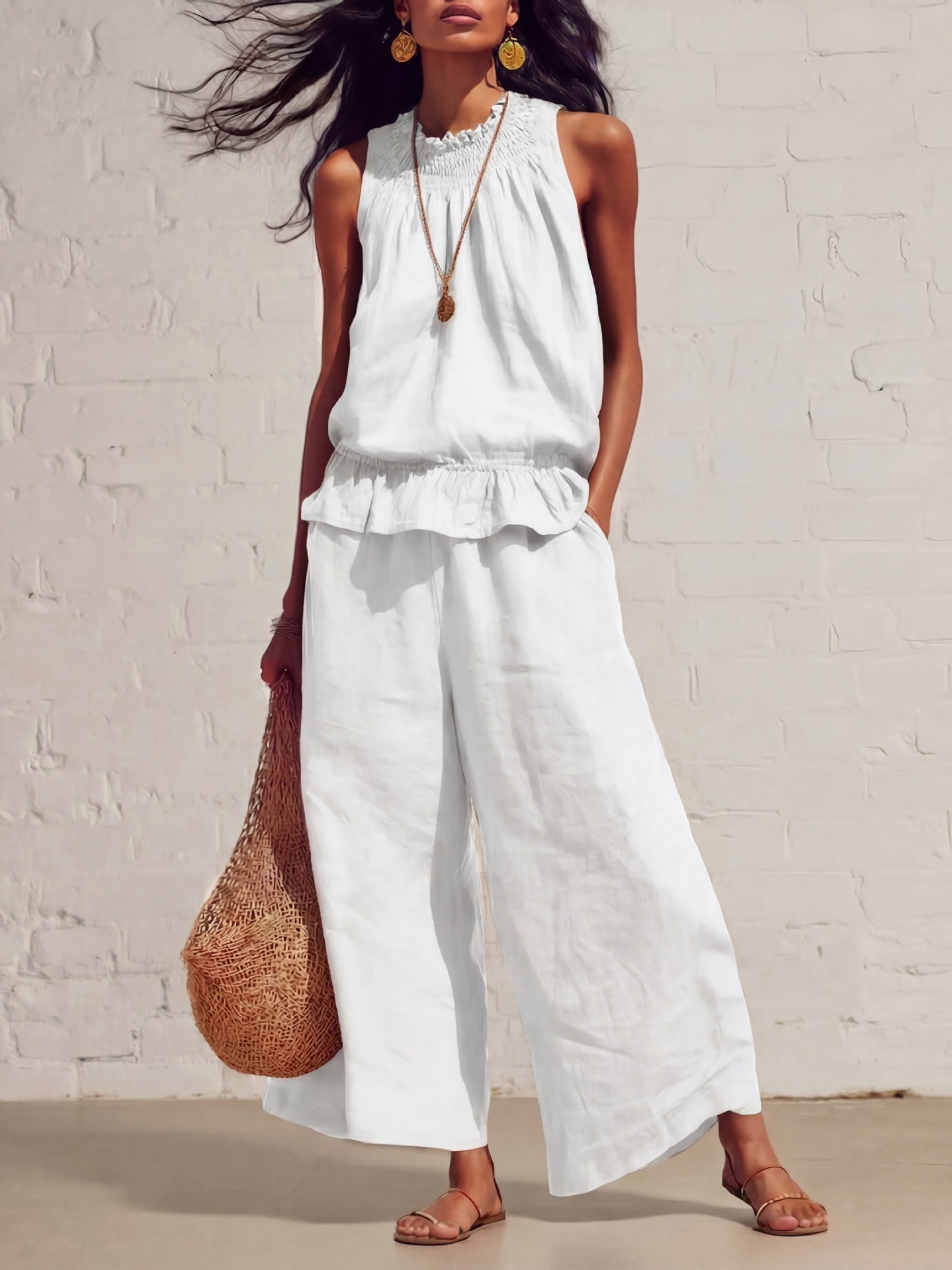 Summer Sleeveless Suit Fashion Ruffled Vest Top And Straight-leg Pants Women's Two-Piece Set - Image 5