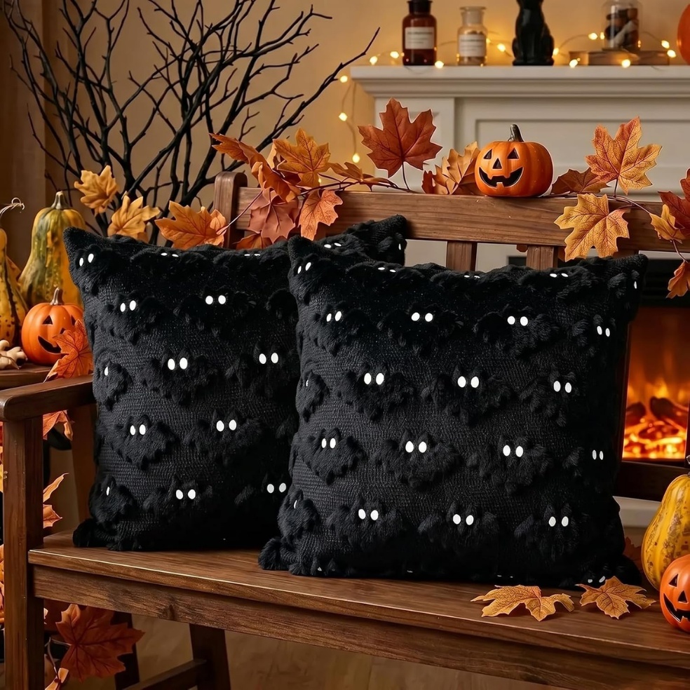 Halloween Bat Pillow Covers Set Of 2 Spooky Black Plush Cushion Covers For Home Decor