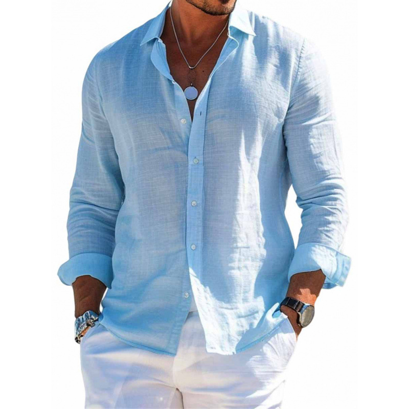 Men's Long Sleeve Shirt Casual Loose Lapel Button Top Solid Color Plus Size Blouse Clothing - Image 5