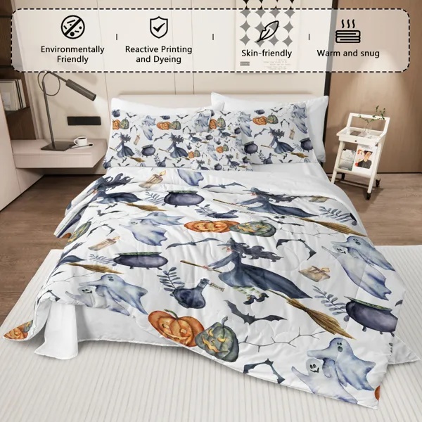 8 Pieces Halloween Comforter Set, Witch Pattern Bed In A Bag Bedding With Comforter Sheet Sham - 1 Comforter, 2 Pillow Shams, 1 Flat Sheet, 1 Fitted Sheet, 1 Cushion Cover, 2 Pillowcases Queen Size - Image 2