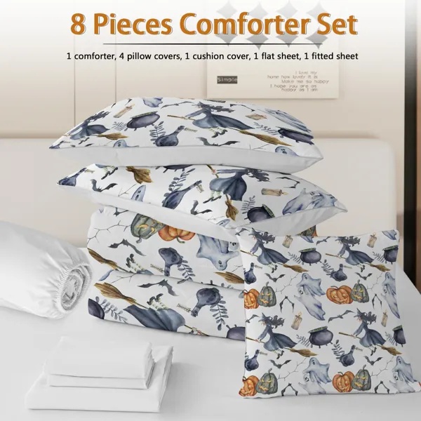 8 Pieces Halloween Comforter Set, Witch Pattern Bed In A Bag Bedding With Comforter Sheet Sham - 1 Comforter, 2 Pillow Shams, 1 Flat Sheet, 1 Fitted Sheet, 1 Cushion Cover, 2 Pillowcases Queen Size - Image 6
