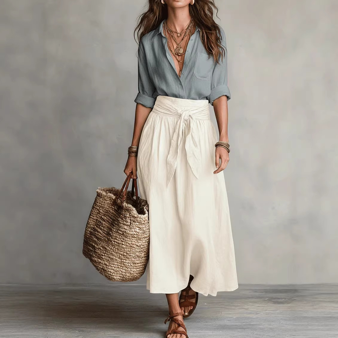 Summer Short-Sleeve Suits Fashion Casual Button-Down Shirt Top And Straight Skirt Women's Two-Piece Set - Image 8