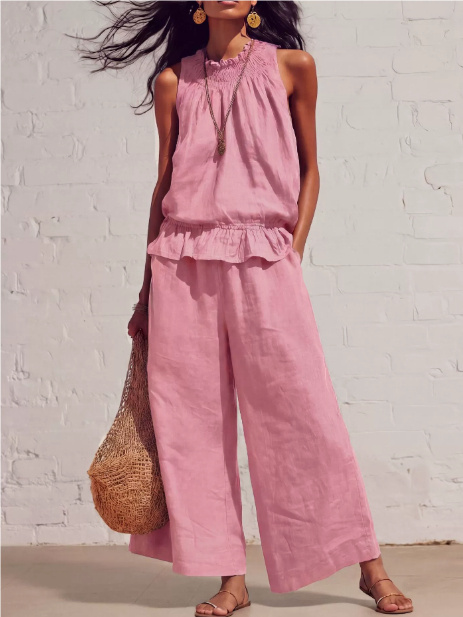 Summer Sleeveless Suit Fashion Ruffled Vest Top And Straight-leg Pants Women's Two-Piece Set - Image 8