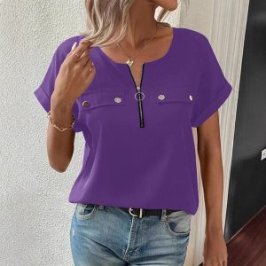 Womens Zipper-Button Top Fashionable Casual T-Shirt For Women