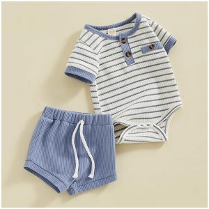 Baby Boy Summer Clothes Button Short Sleeve Romper Bodysuit Shorts Set Infant Soft Waffle Outfit