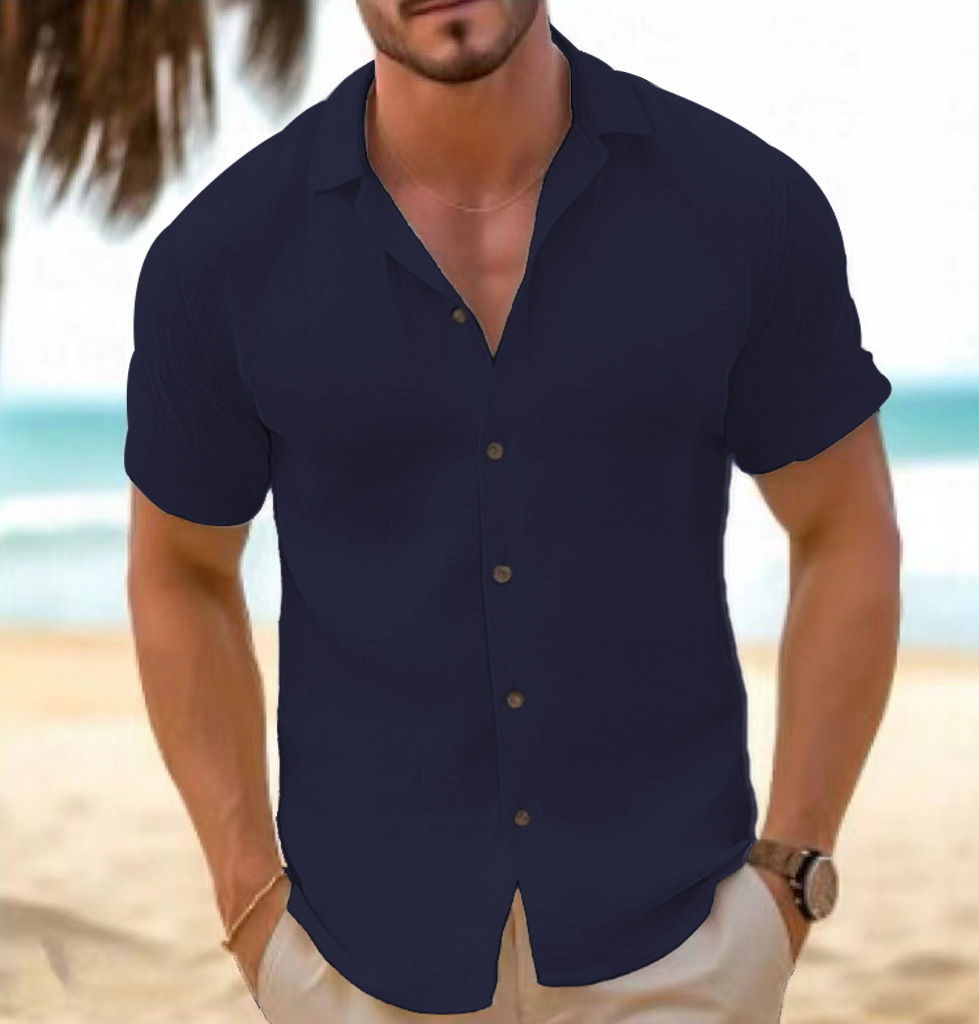 Men's Short-Sleeved Button-Down Shirt Summer Slim-Fit Lapel Shirts Casual Beachwear Clothing - Image 9