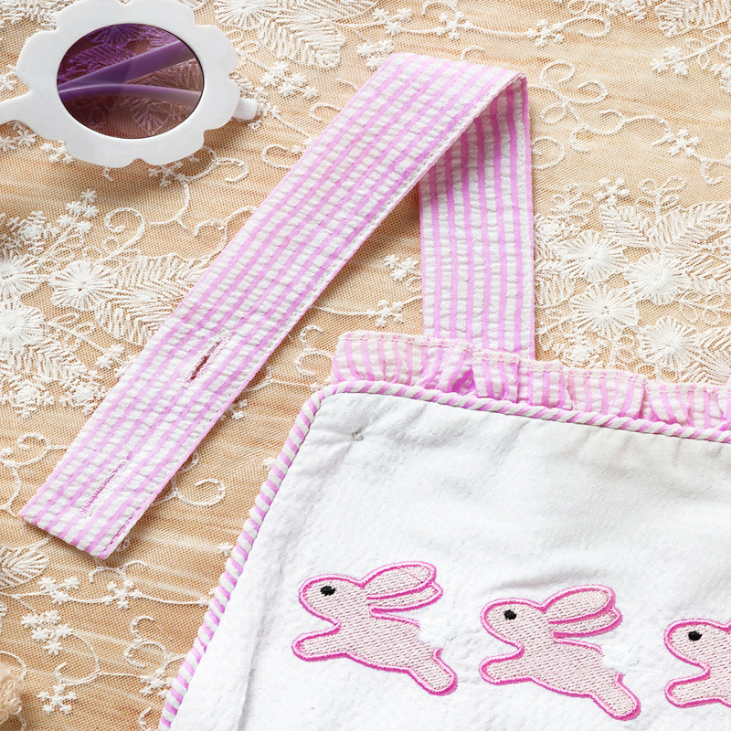 Baby Sweet Bunny Romper, Ruffle Trim Onesie With Adjustable Straps & Snap Closure - Image 3