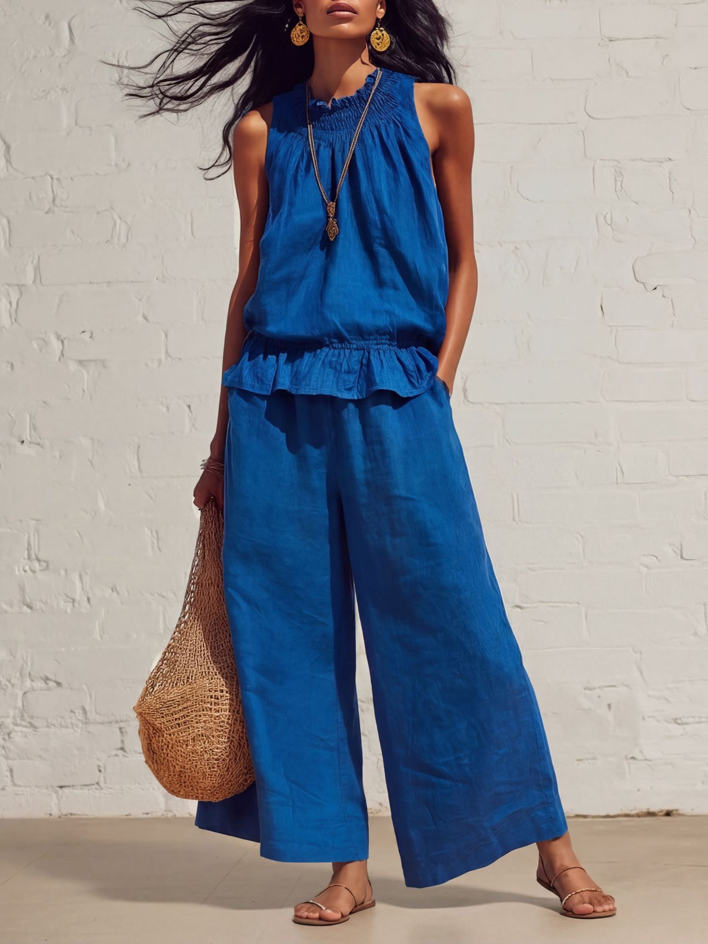 Summer Sleeveless Suit Fashion Ruffled Vest Top And Straight-leg Pants Women's Two-Piece Set - Image 6