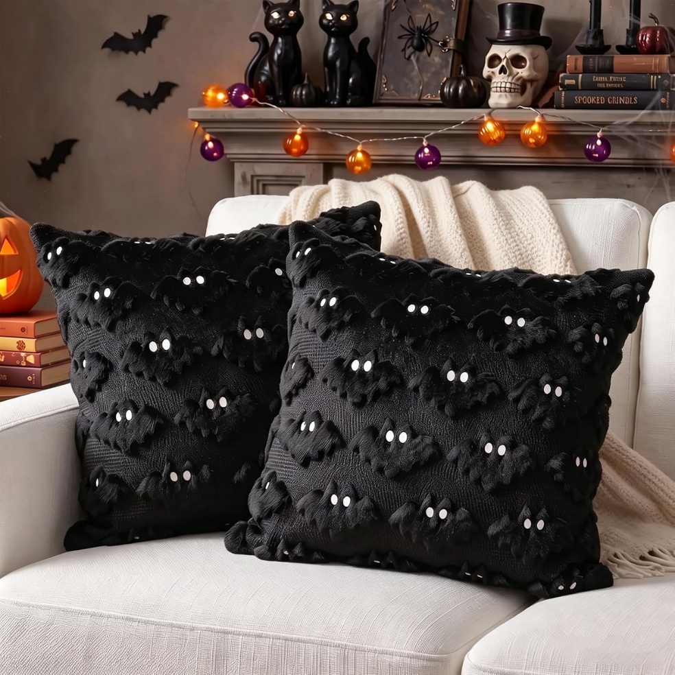 Halloween Bat Pillow Covers Set Of 2 Spooky Black Plush Cushion Covers For Home Decor - Image 6