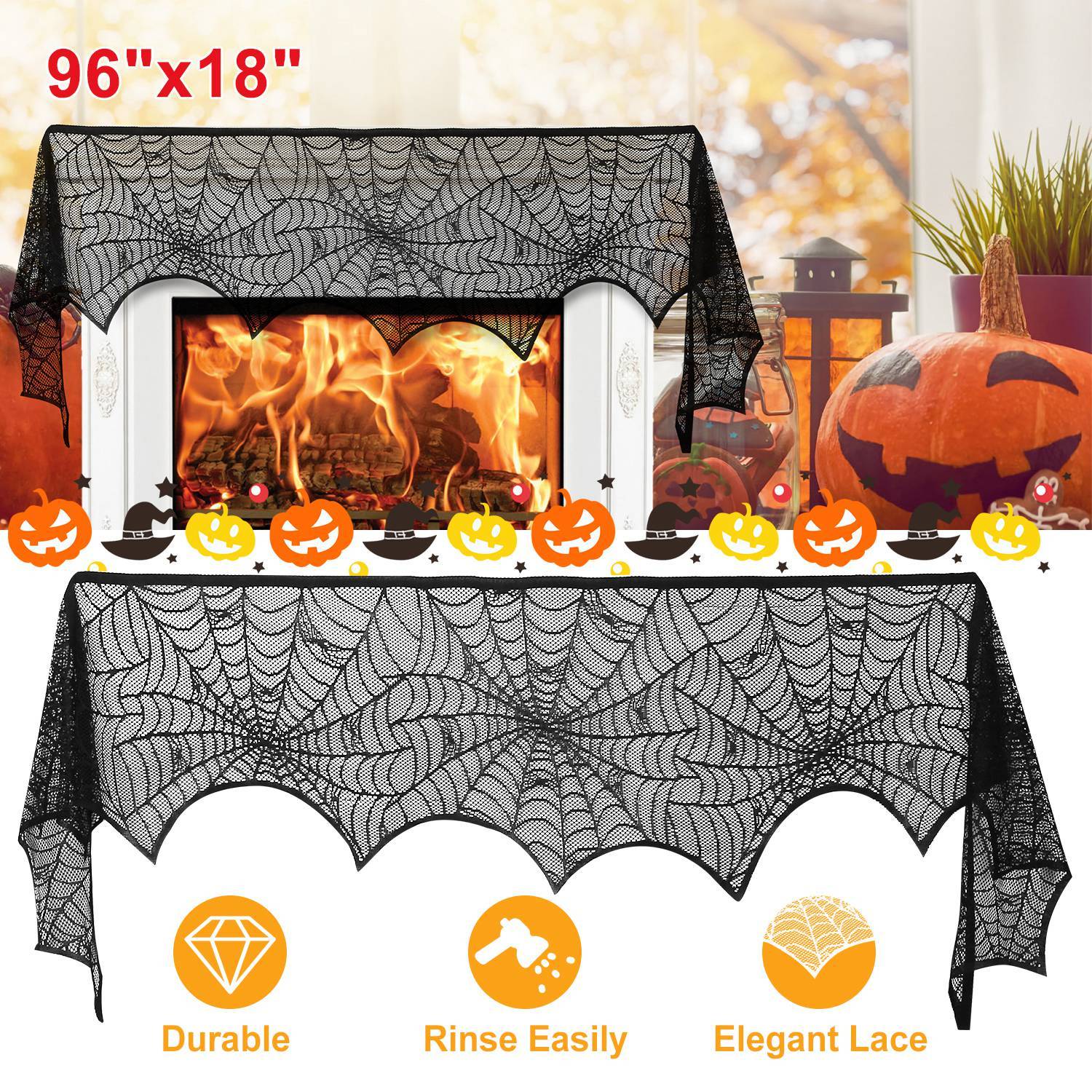Halloween Decoration Black Lace Spiderweb Fireplace Mantle Scarf Cover Festive Party Supplies Fireplace Scarf 96 X 18 Inch For Halloween Christmas Party Door Window Decoration - Image 8