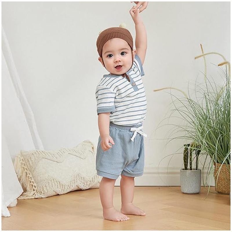 Baby Boy Summer Clothes Button Short Sleeve Romper Bodysuit Shorts Set Infant Soft Waffle Outfit - Image 2