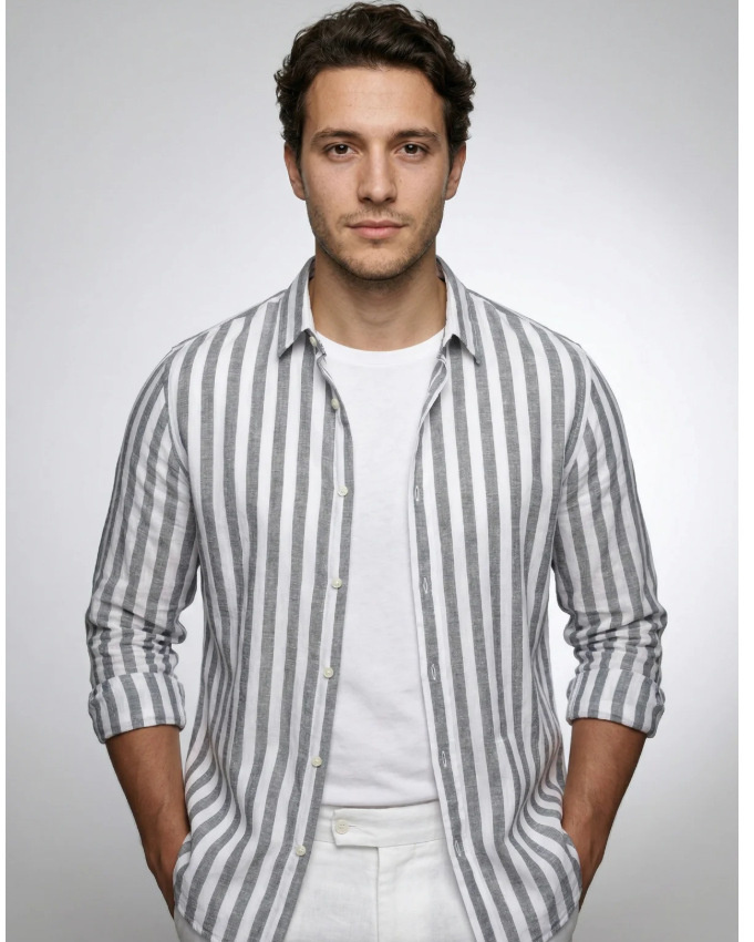 Striped Print Shirt Casual Loose Long-sleeved Shirt Men's Clothing - Image 7
