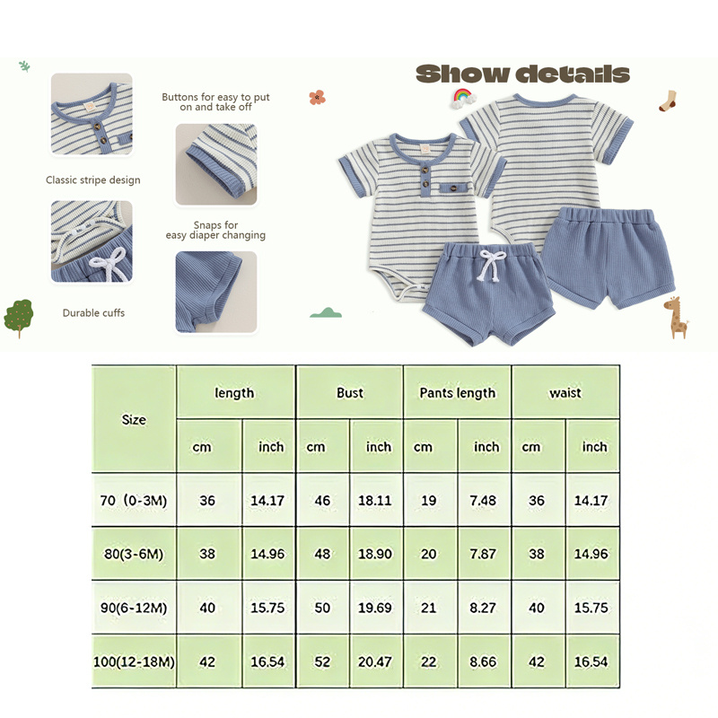 Baby Boy Summer Clothes Button Short Sleeve Romper Bodysuit Shorts Set Infant Soft Waffle Outfit - Image 4