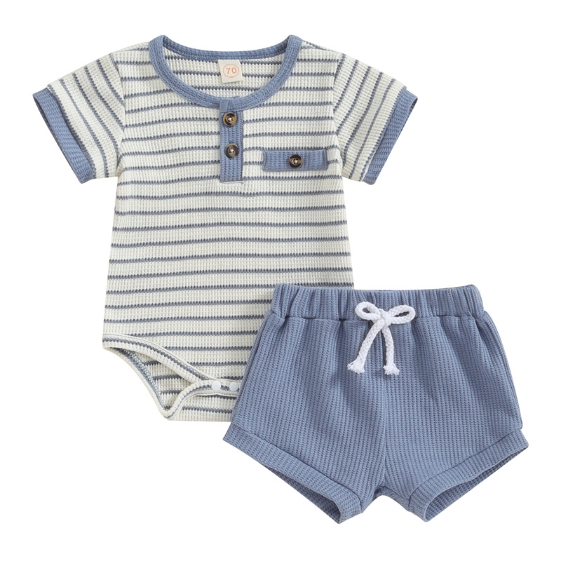 Baby Boy Summer Clothes Button Short Sleeve Romper Bodysuit Shorts Set Infant Soft Waffle Outfit - Image 3