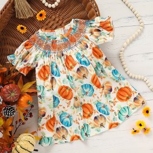 Toddler Baby Girl Pumpkin Smocked Dress Fall Thanksgiving Halloween Embroidered Princess Party Dresses Kids Fall Outfits Clothes
