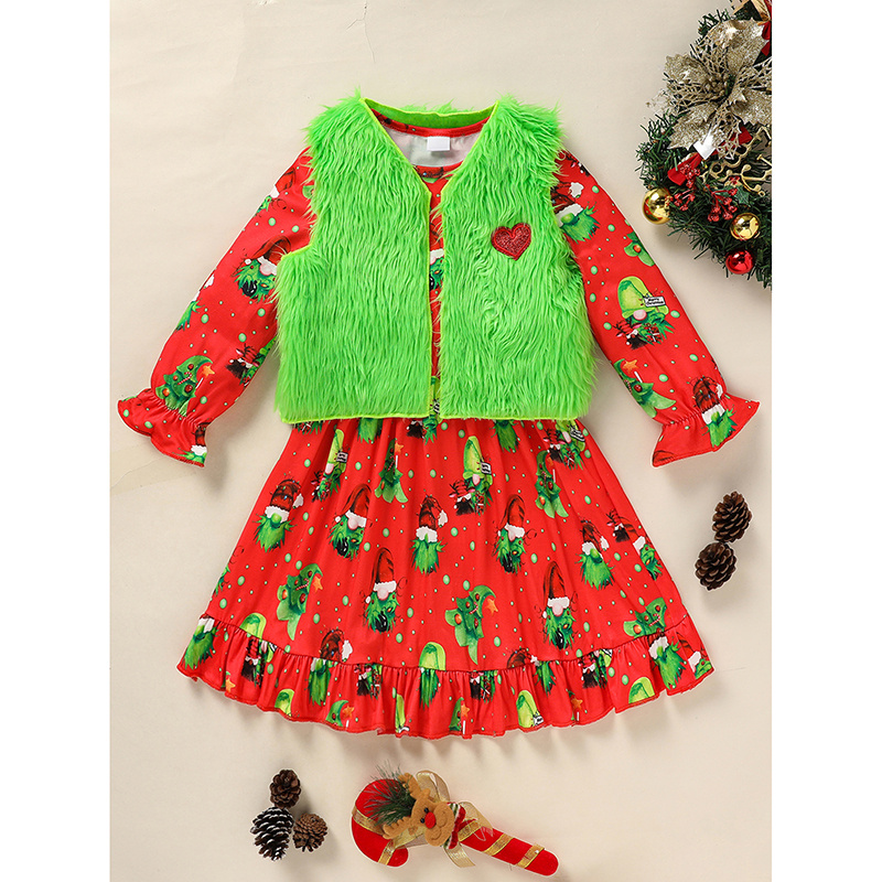 Toddler Kids Baby Girl Christmas Dress Outifts, Long Sleeves Cartoon Prints Party Dress With Heart Print Vest Coat Xmas Clothes Set - Image 2