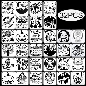 32 Pcs Halloween Painting Stencils Reusable Halloween Template Pumpkin Witch Skeleton Skull Vampire For DIY Craft Drawing Painting Spraying Window Glass Wood Airbrush Walls Art