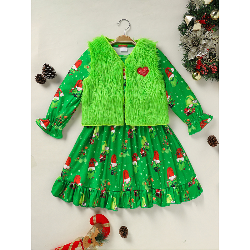 Toddler Kids Baby Girl Christmas Dress Outifts, Long Sleeves Cartoon Prints Party Dress With Heart Print Vest Coat Xmas Clothes Set - Image 7