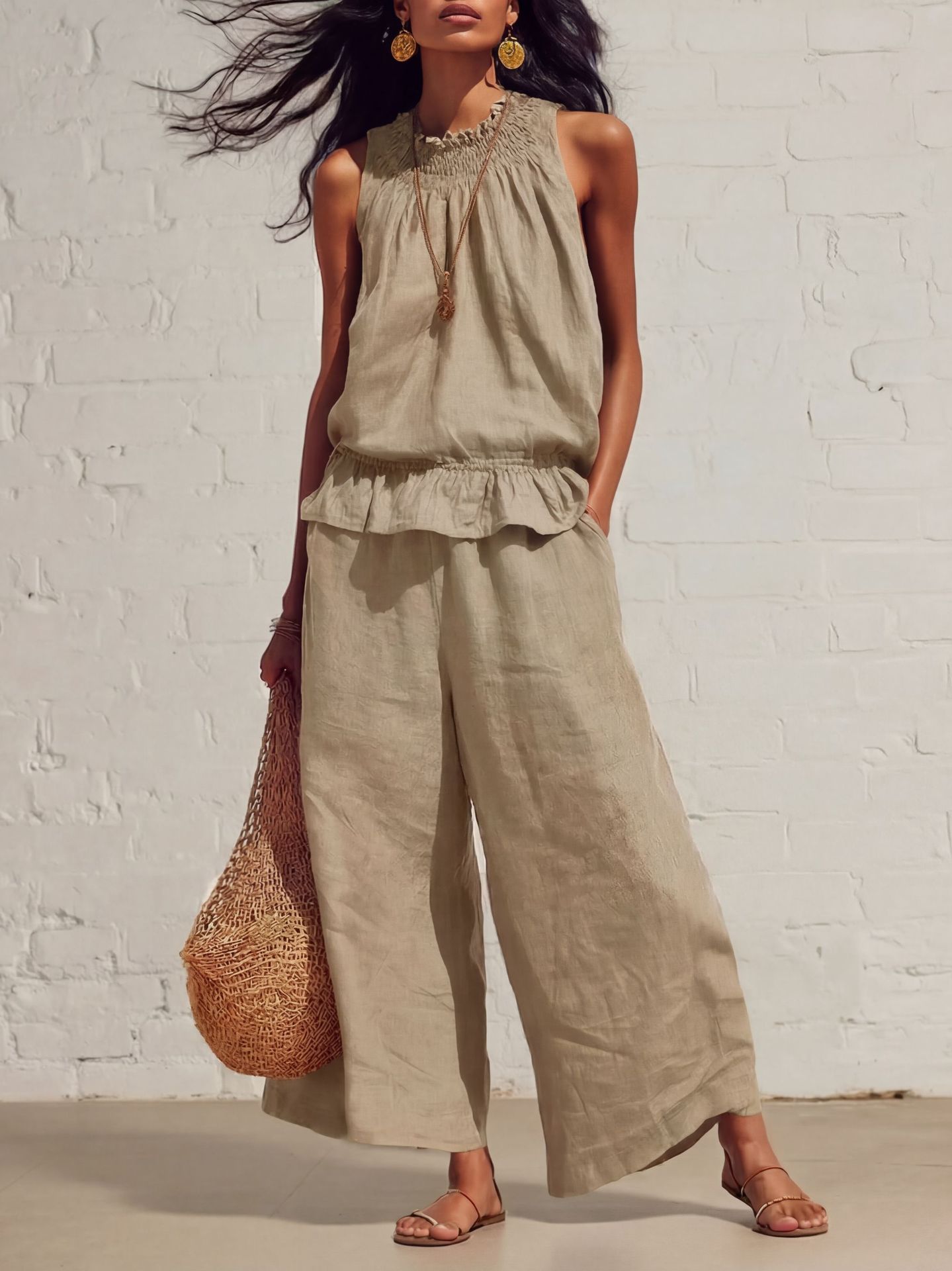 Summer Sleeveless Suit Fashion Ruffled Vest Top And Straight-leg Pants Women's Two-Piece Set - Image 4