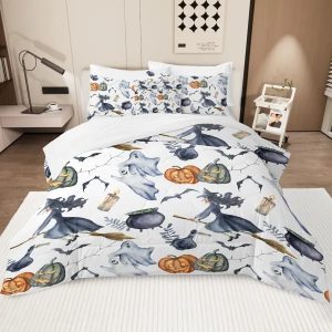 8 Pieces Halloween Comforter Set, Witch Pattern Bed In A Bag Bedding With Comforter Sheet Sham - 1 Comforter, 2 Pillow Shams, 1 Flat Sheet, 1 Fitted Sheet, 1 Cushion Cover, 2 Pillowcases King Size