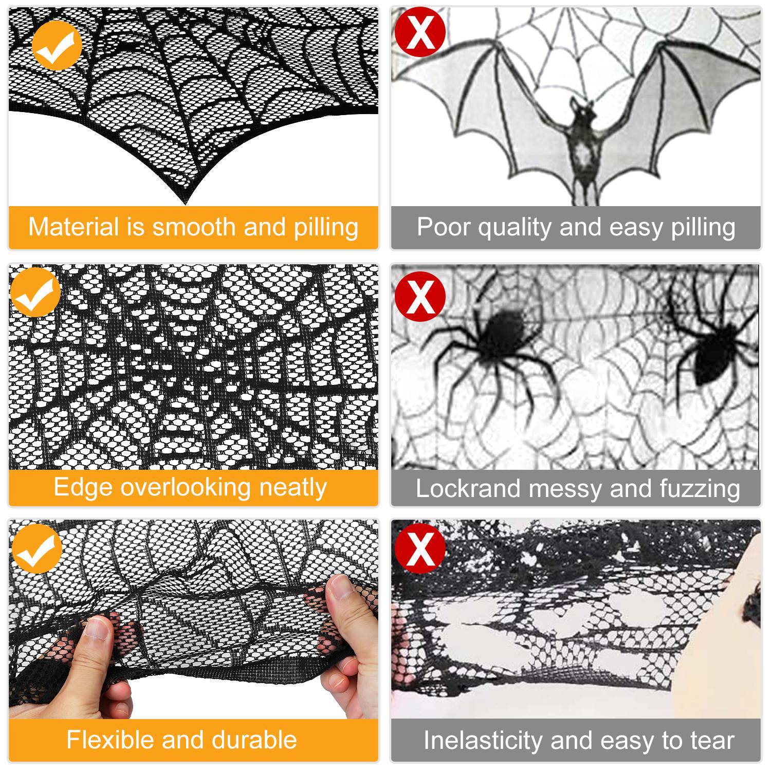 Halloween Decoration Black Lace Spiderweb Fireplace Mantle Scarf Cover Festive Party Supplies Fireplace Scarf 96 X 18 Inch For Halloween Christmas Party Door Window Decoration - Image 4