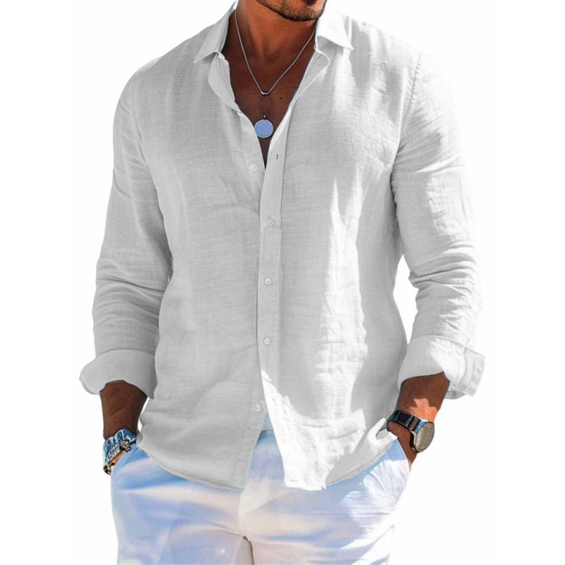 Men's Long Sleeve Shirt Casual Loose Lapel Button Top Solid Color Plus Size Blouse Clothing - Image 2