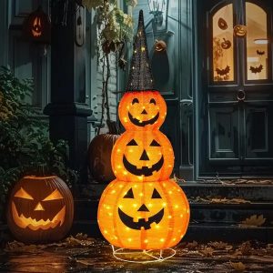 5FT Cute Collapsible Lighted Halloween Decorations Outdoor, Pop Up Halloween Pumpkin Decorations, Light Up Pumpkin With Pre-lit 100 LEDs, For Porch Yard Lawn Patio