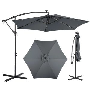 10FT Round Banana Hanging Patio Umbrella with 18 LED Lights, 6 Iron Ribs, Iron Straight & Curved Pole, Waterproof Polyester Canopy, with Stand Sleeve and Cross Base, Gray