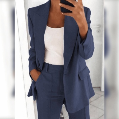 Ins Button Casual Suit Fashion Long-sleeved Lapel Blazer Jacket And Slim-fit Pocket Trousers For Women Clothing - Image 4