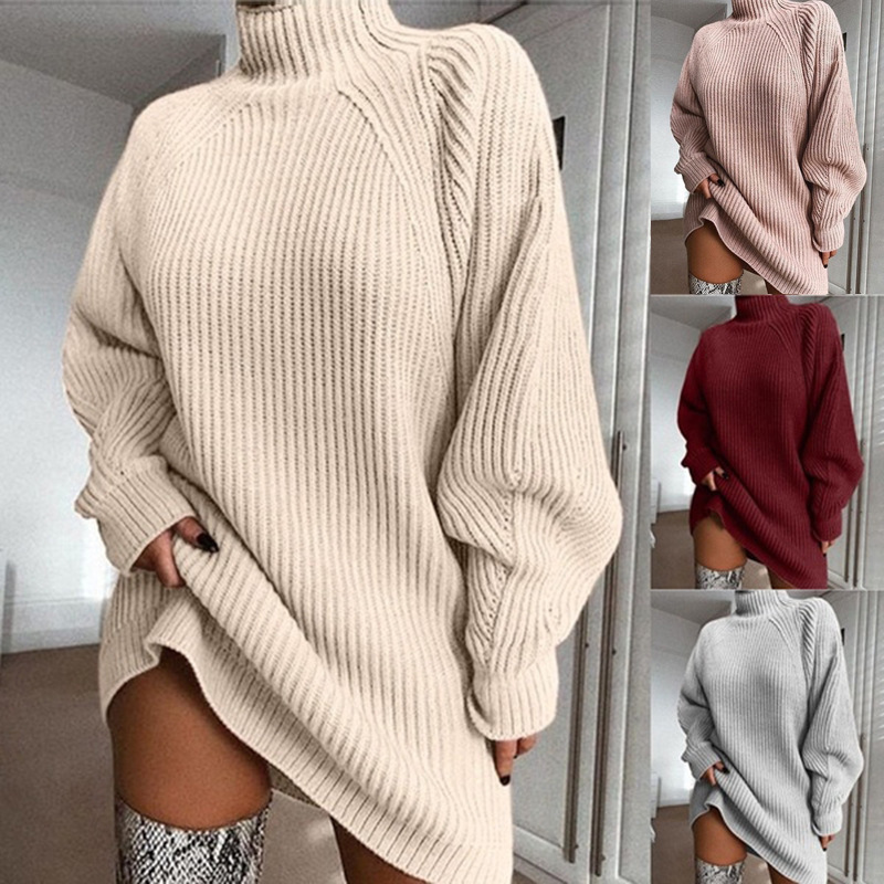 Solid Turtleneck Long Sweater Winter Warm Women Sweater Dress - Image 3