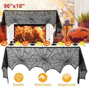 2PCS Halloween Mantle Scarf (96"x18") - Black Lace With Spider Web, Spider & Bat Design, Soft Anti-Crease Fabric - Perfect For Fireplace, Haunted House, Party Decor